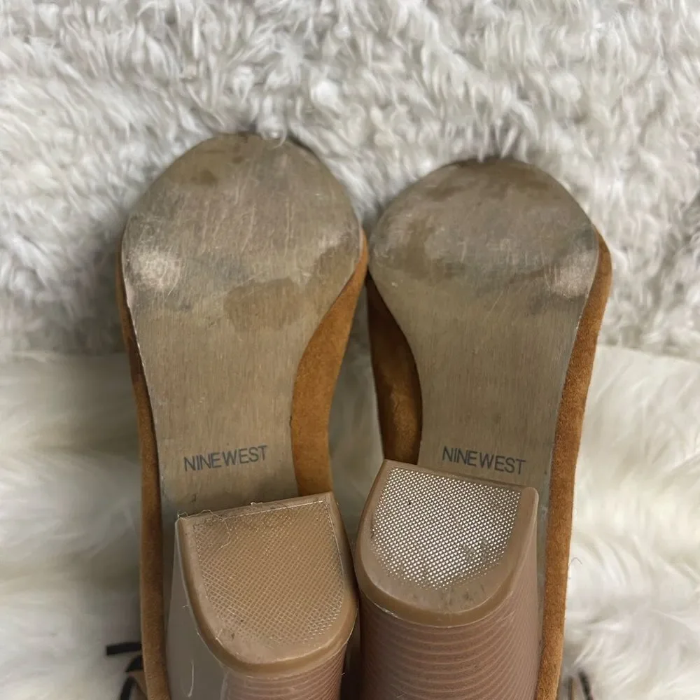 Nine West leather suede Brown Fringe ankle Boots Peep toe back zipper SZ9.5M